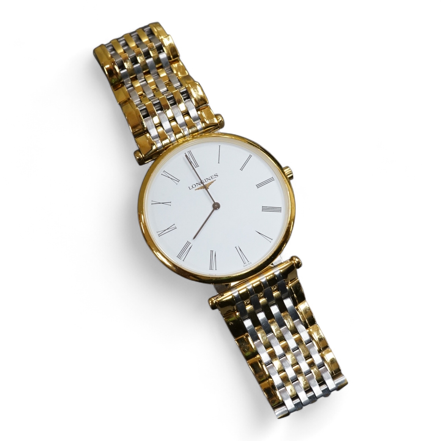 A gentleman's gtwo tone gilt steel Longines L4709-2 Le Grand Classique quartz dress wrist watch, with Roman dial, case diameter 33mm, boxed